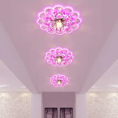 DecorBites™ DecorBites™ Modern Floral LED Flush Mount Ceiling Light with Beveled Crystal in Red for Porch, with Pink, White, and Warm Light Options.