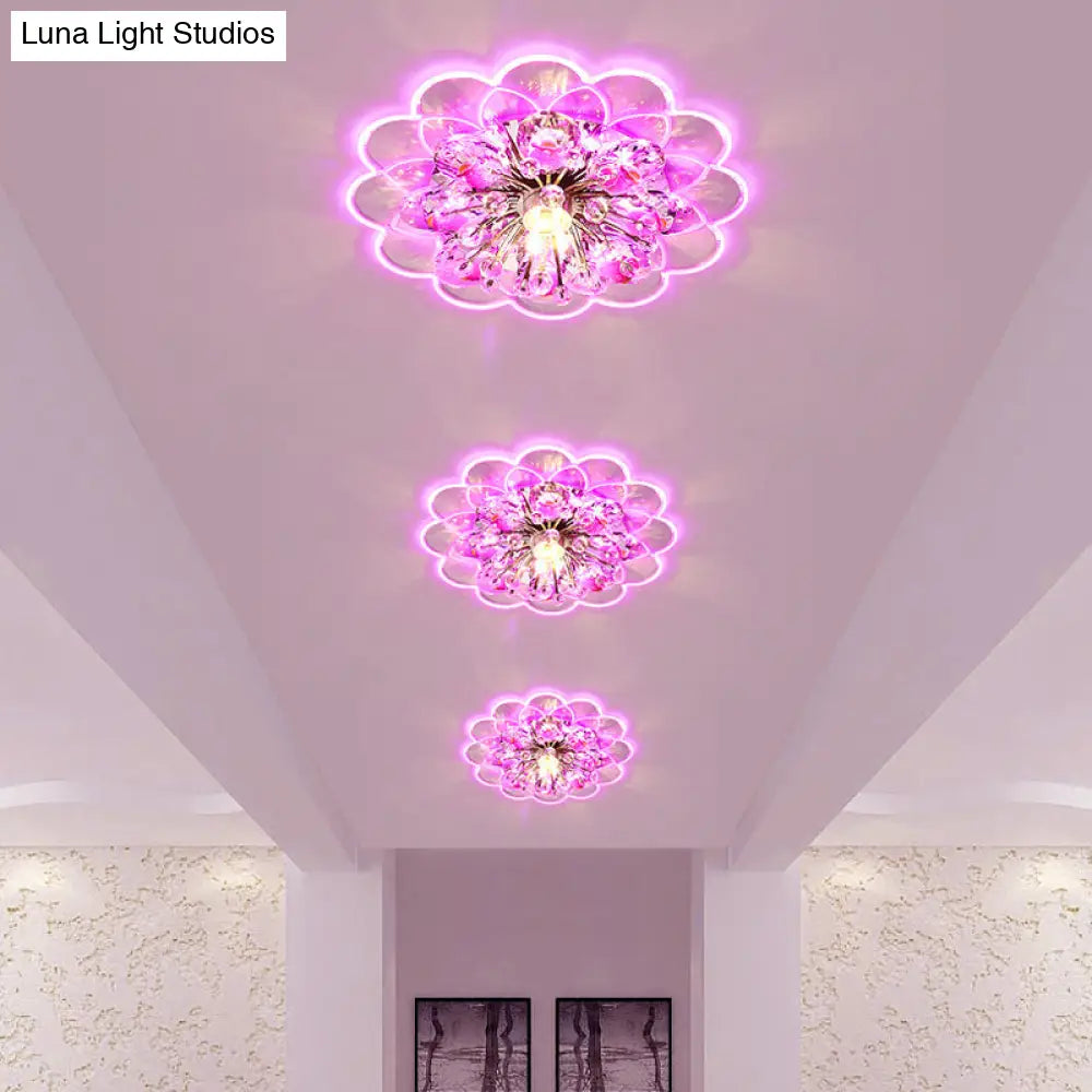 DecorBites™ DecorBites™ Modern Floral LED Flush Mount Ceiling Light with Beveled Crystal in Red for Porch, with Pink, White, and Warm Light Options.