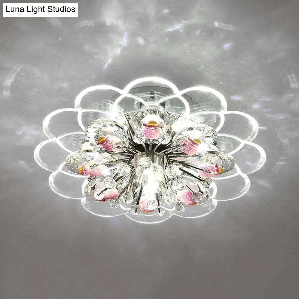 DecorBites™ DecorBites™ Modern Floral LED Flush Mount Ceiling Light with Beveled Crystal in Red for Porch, with Pink, White, and Warm Light Options.