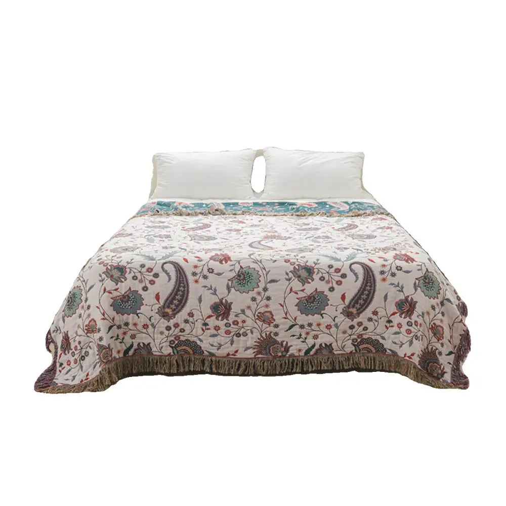 Modern floral teal and cream cooling cotton blanket featuring a cream quilted design with floral paisley pattern decorbites cooling cotton
