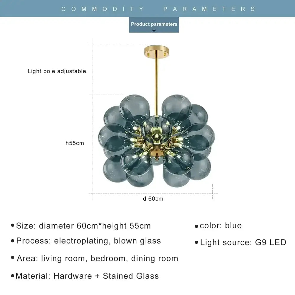 Modern floral teal glass ball pendant light with blue stained glass chandelier and gold-toned adjustable pole decorbites glass ball