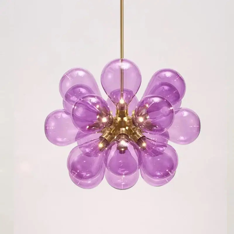 Modern floral teal glass ball pendant light with purple glass globe and brass accents for dining room kitchen decorbites glass ball