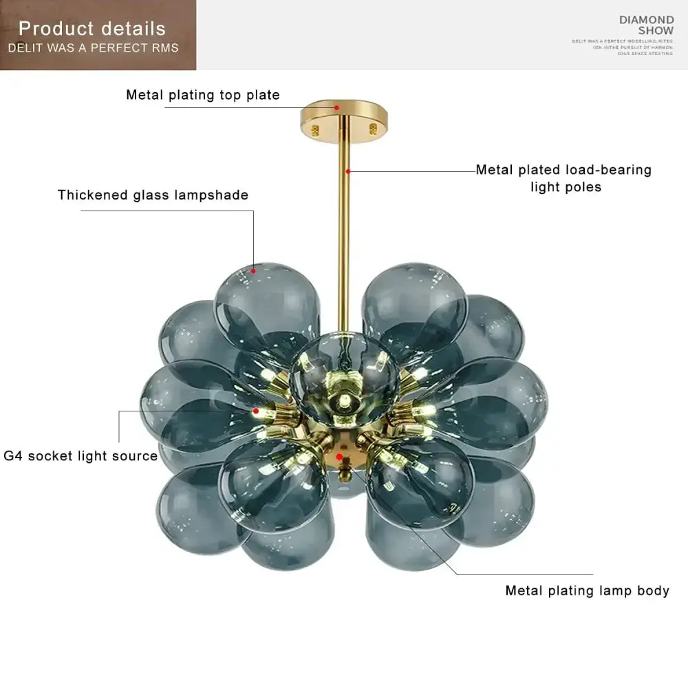 Gold-plated pendant light with dark gray thickened glass ball lampshades in a spherical cluster by decorbites glass ball