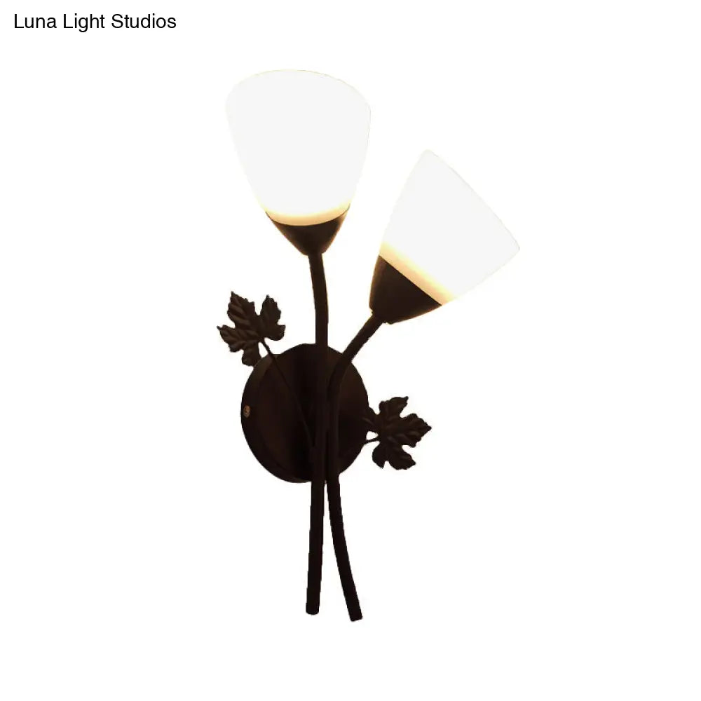 DecorBites™ DecorBites™ Modern Floral Wall Lamp: Milk Glass 2-Bulb Sconce Light in Black/Gold with Metal Leaf Accent