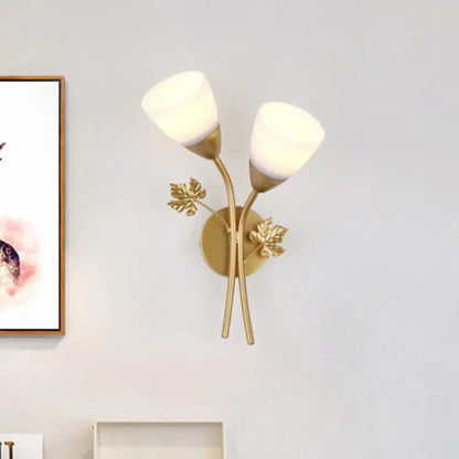 DecorBites™ DecorBites™ Modern Floral Wall Lamp: Milk Glass 2-Bulb Sconce Light in Black/Gold with Metal Leaf Accent
