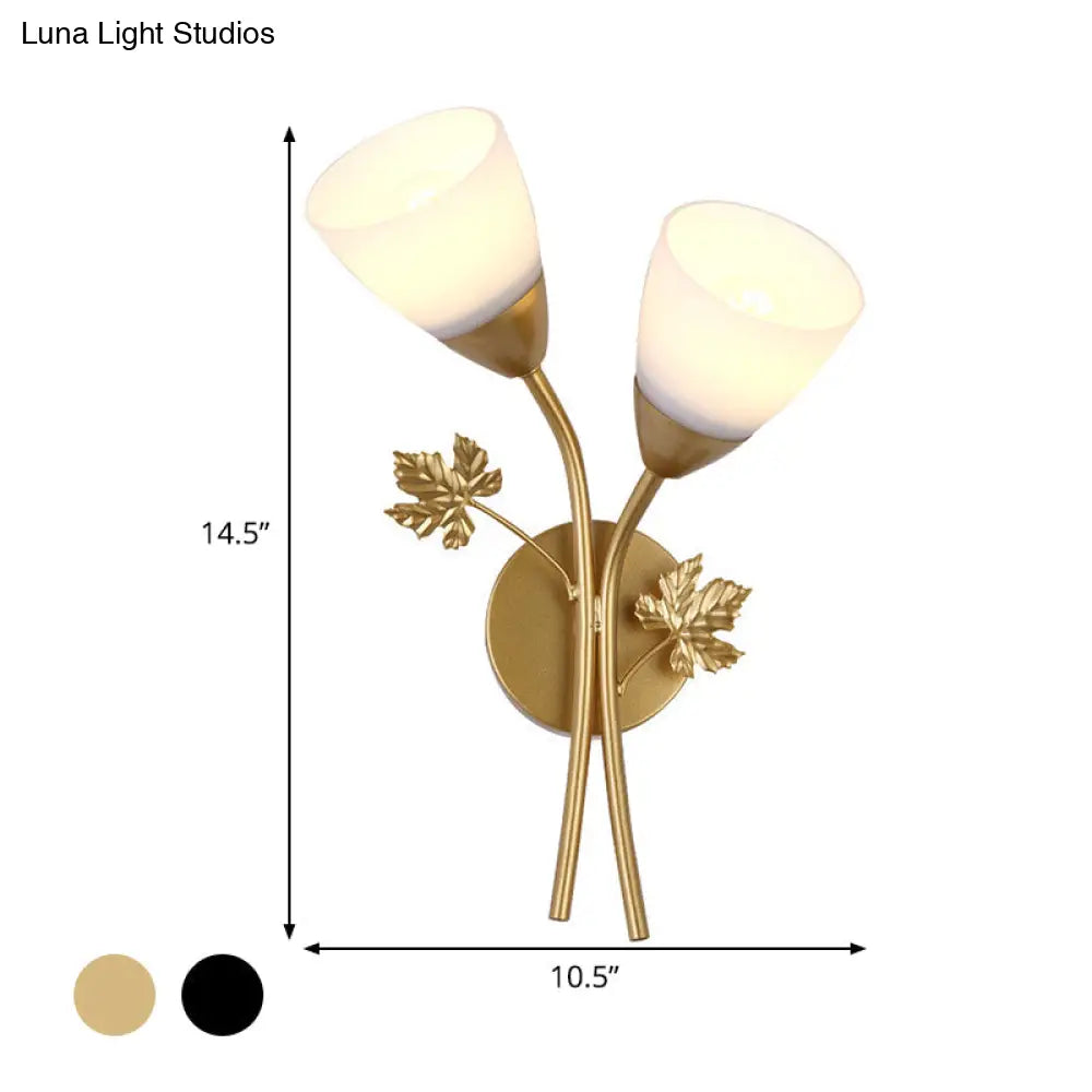 DecorBites™ DecorBites™ Modern Floral Wall Lamp: Milk Glass 2-Bulb Sconce Light in Black/Gold with Metal Leaf Accent