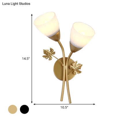 DecorBites™ DecorBites™ Modern Floral Wall Lamp: Milk Glass 2-Bulb Sconce Light in Black/Gold with Metal Leaf Accent