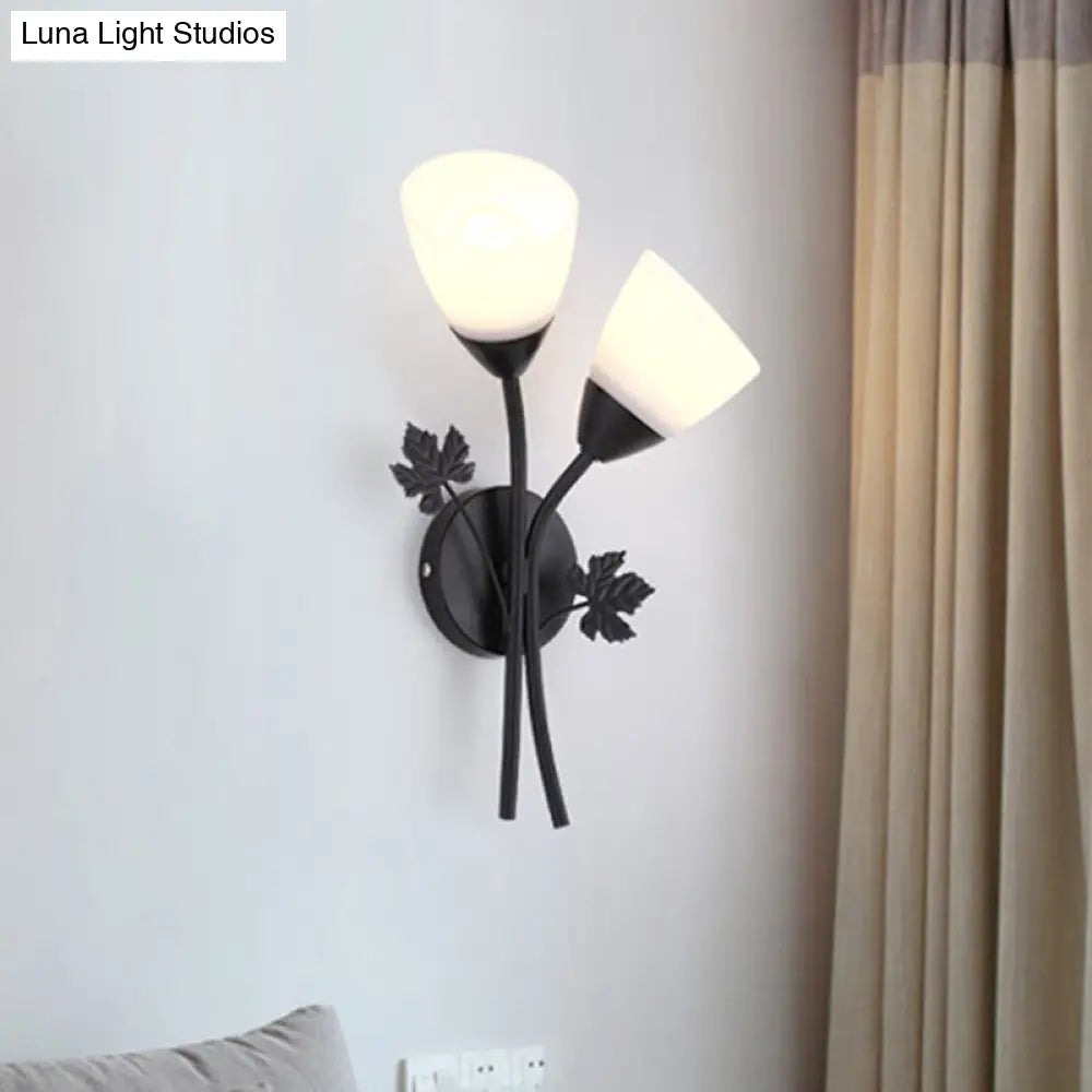DecorBites™ DecorBites™ Modern Floral Wall Lamp: Milk Glass 2-Bulb Sconce Light in Black/Gold with Metal Leaf Accent