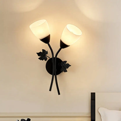 DecorBites™ DecorBites™ Modern Floral Wall Lamp: Milk Glass 2-Bulb Sconce Light in Black/Gold with Metal Leaf Accent