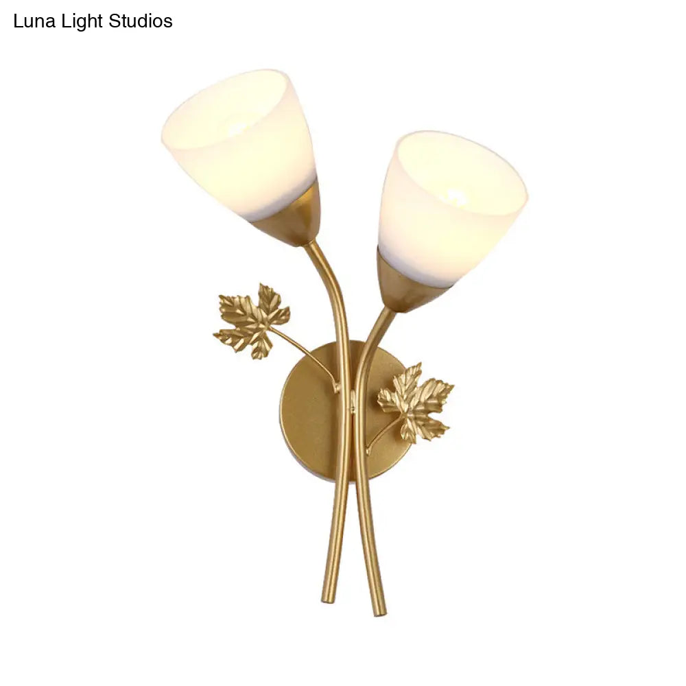 DecorBites™ DecorBites™ Modern Floral Wall Lamp: Milk Glass 2-Bulb Sconce Light in Black/Gold with Metal Leaf Accent