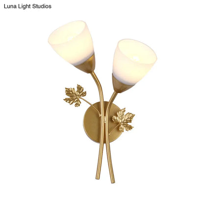 DecorBites™ DecorBites™ Modern Floral Wall Lamp: Milk Glass 2-Bulb Sconce Light in Black/Gold with Metal Leaf Accent