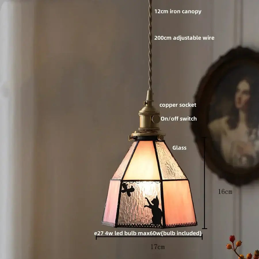 Modern flower white and amber clear glass led pendant light with warm-toned cat and butterfly design and copper hardware