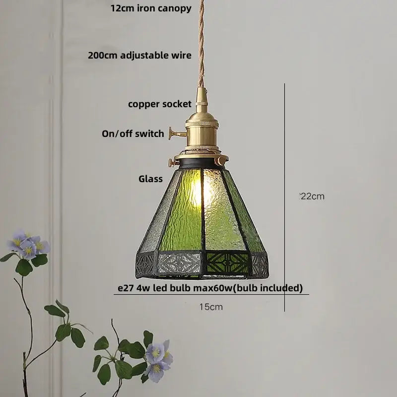 Modern flower pendant lights with green stained glass, brass accents, and copper socket for dining room decorbites clear glass led