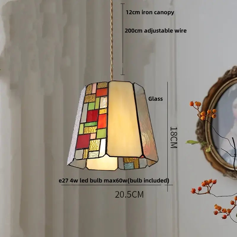 Colorful stained glass pendant lights with geometric pattern in red green yellow and beige for dining room decorbites clear glass led