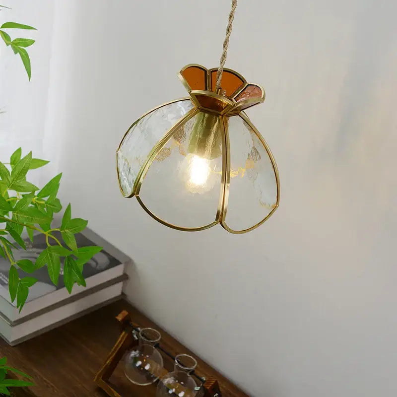 Modern flower white and amber clear glass led pendant light with gold-toned petal-shaped shade for dining room decorbites clear glass