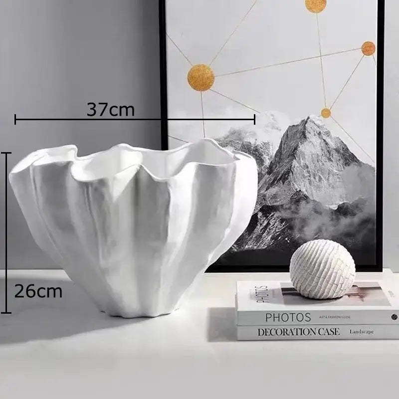 White ceramic bud vase with fluted shell design 37cm wide by 26cm tall for modern decorbites black resin bud collection
