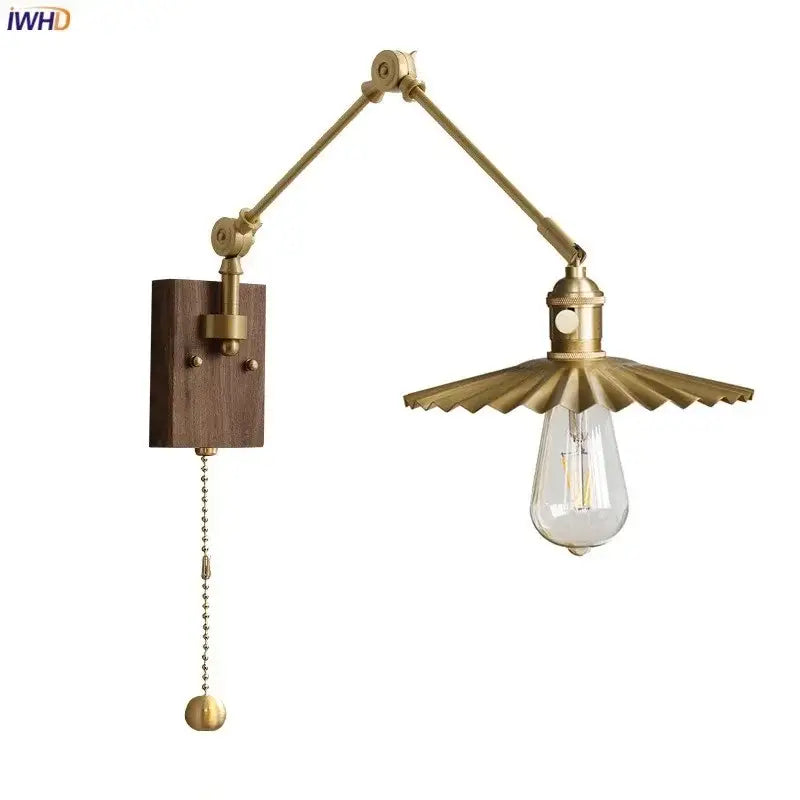 Modern fluted brass adjustable copper wall sconce with wooden backplate and scalloped shade for bedroom decorbites adjustable copper wall