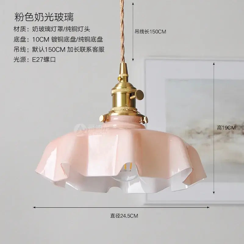 Pastel pink frosted glass pendant light with brass fixture and braided cord modern glass pendant for dining room