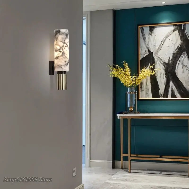 Modern fluted decorbites dolomite marble wall light with marble-patterned cylindrical sconce and black metal base
