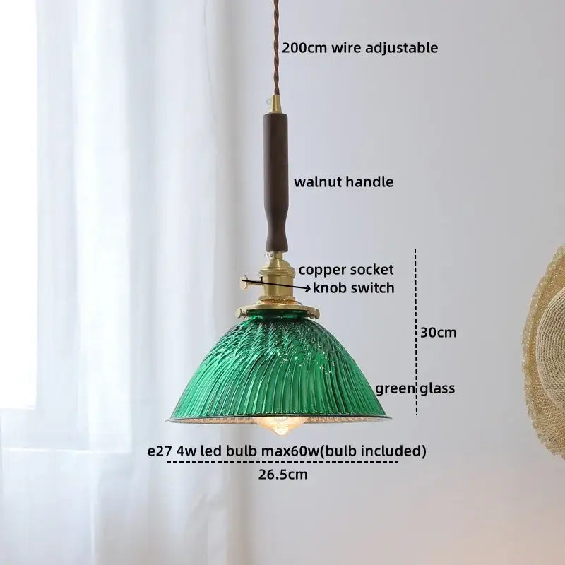 Green ribbed glass pendant light with led walnut copper socket and walnut handle for modern decorbites pendant light