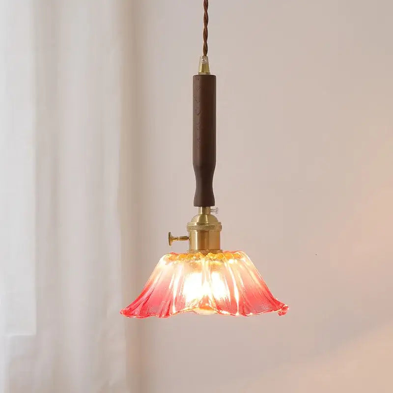 Modern fluted yellow glass pendant light with led walnut copper hardware and warm gradient pink amber shade decorbites led walnut