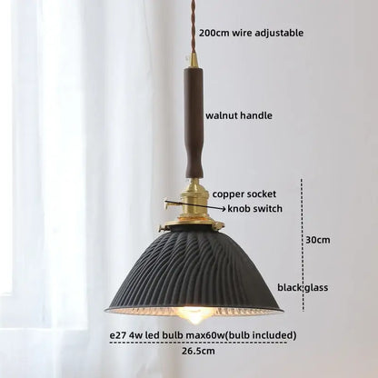 Black ribbed glass pendant light with walnut handle and brass copper socket perfect for decorbites led walnut copper lighting