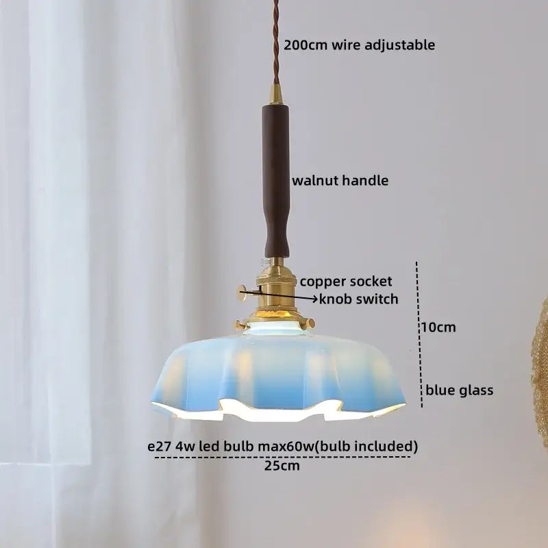 Modern fluted blue gradient glass pendant light with walnut handle and copper socket for decorbites led walnut copper use
