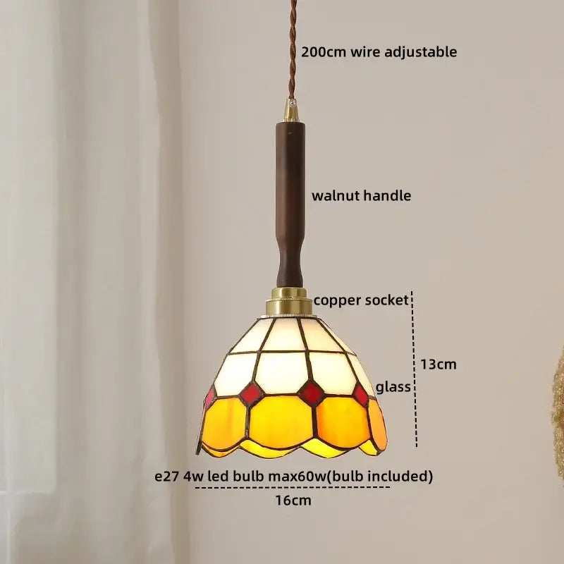 Modern fluted yellow glass pendant light with stained glass panels, walnut handle, and led walnut copper socket for dining room decor