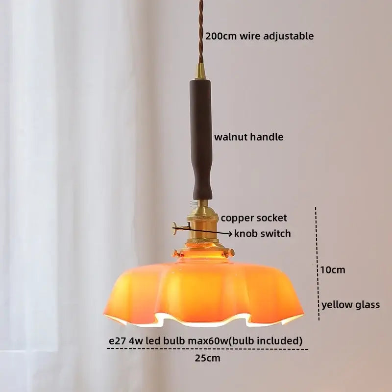 Modern fluted yellow glass pendant light with led walnut copper socket and walnut handle for dining room decorbites led walnut