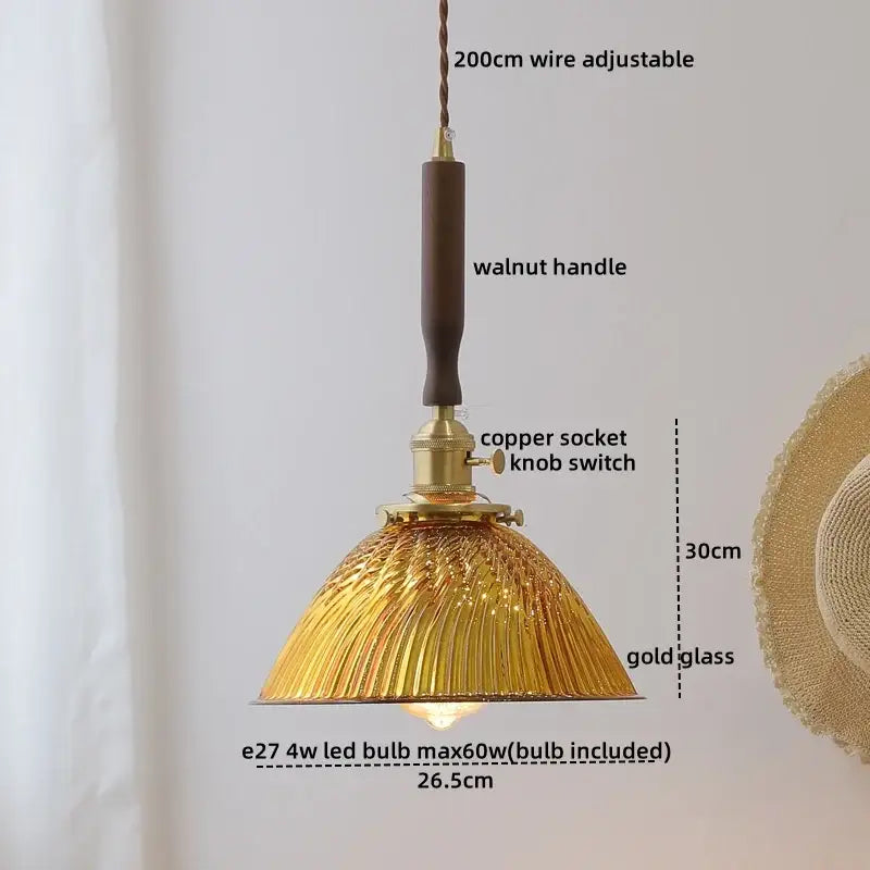 Modern fluted yellow glass pendant light with textured shade and walnut handle for decorbites led walnut copper collection
