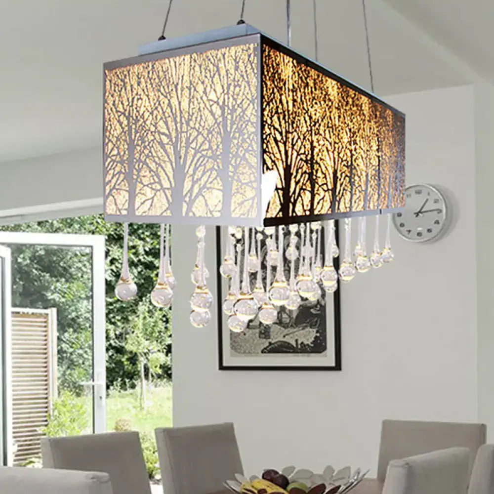 Rectangular island light with modern forest pattern in amber and white featuring waterdrop crystal for 110v-120v and 220v-240v use