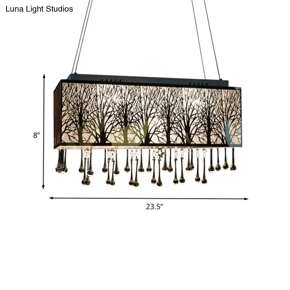 Modern forest pattern island light with black metal frame frosted glass panels and waterdrop crystal in 220v-240v or 110v-120v