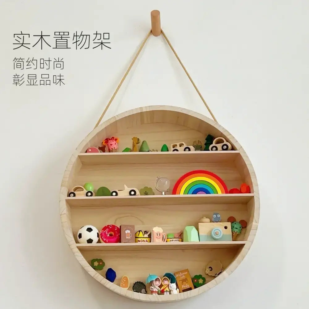 Modern four tier circular wooden frame living room wall shelf in light wood with colorful children’s toys on three tiers