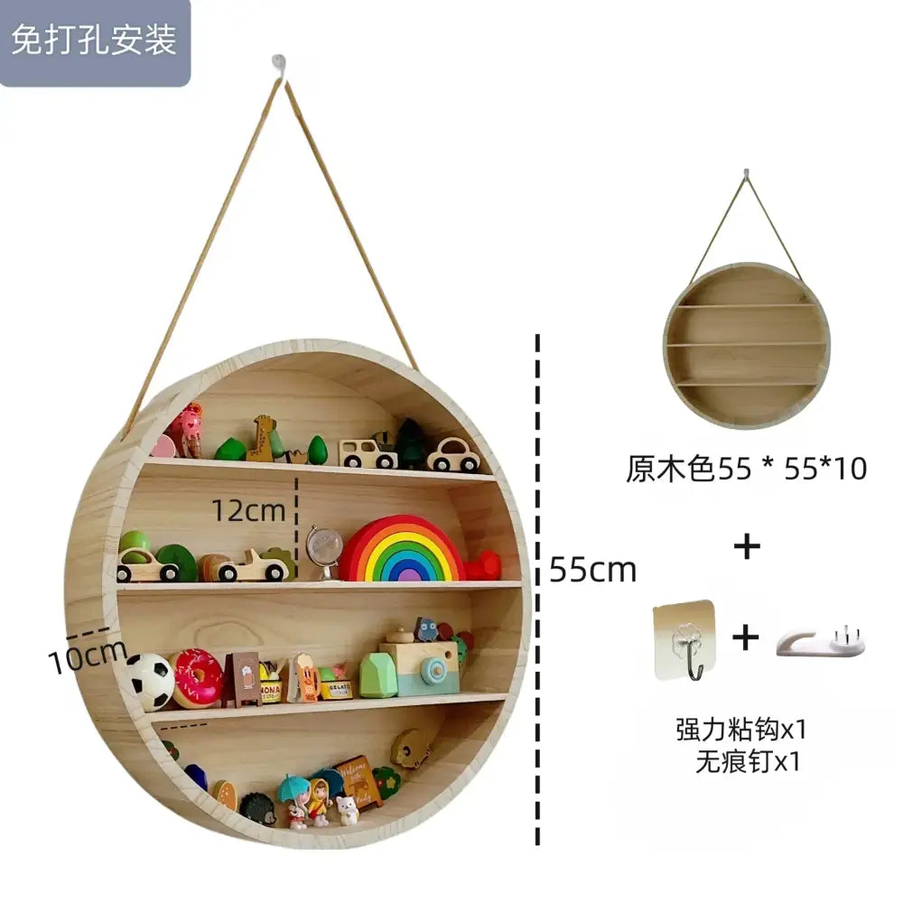 Modern four tier circular wooden frame living room wall shelf with natural wood finish and rope suspension
