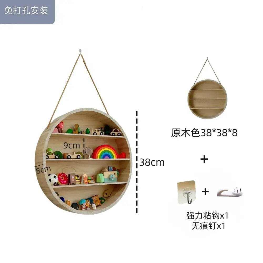 Modern four tier circular wooden frame living room wall shelf with natural wood finish and rope suspension