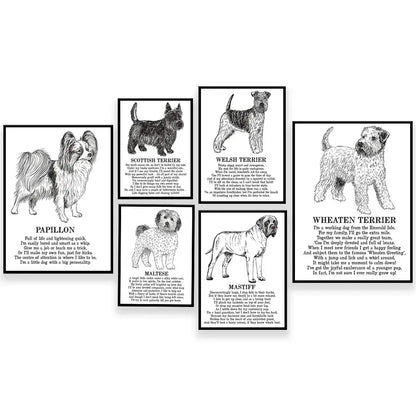 Set of six modern framed black and white dog breed posters with detailed illustrations for bedroom wall decor by decorbites dog