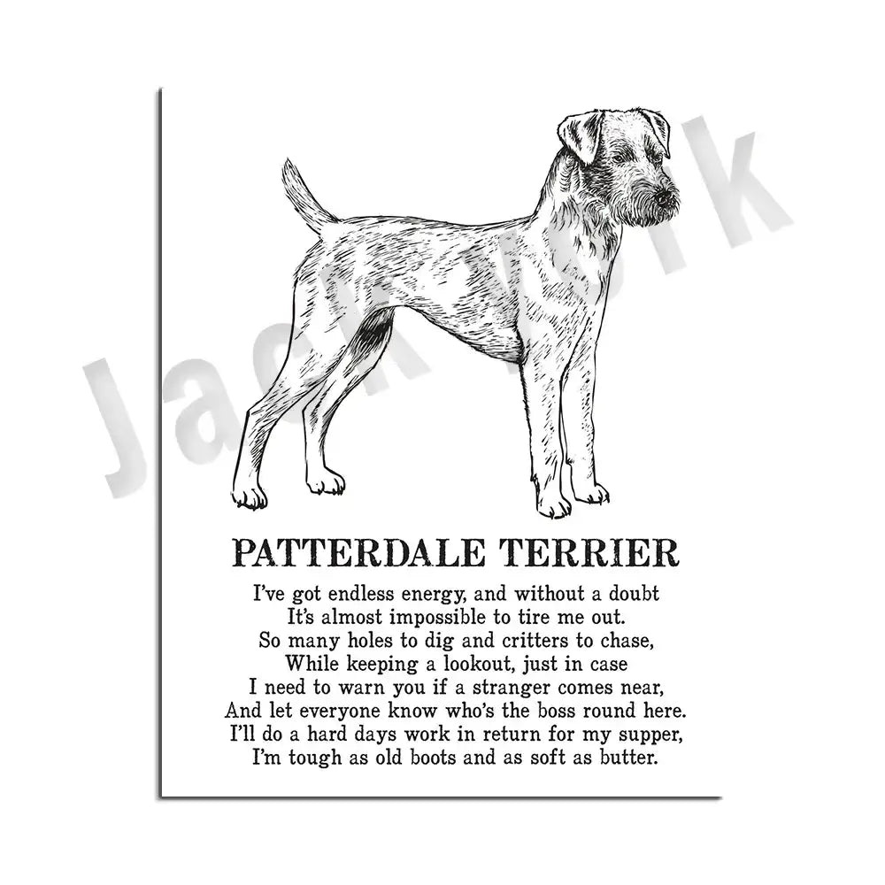 Modern framed black and white patterdale terrier dog breed poster with detailed line art for decorbites dog bedroom wall decor