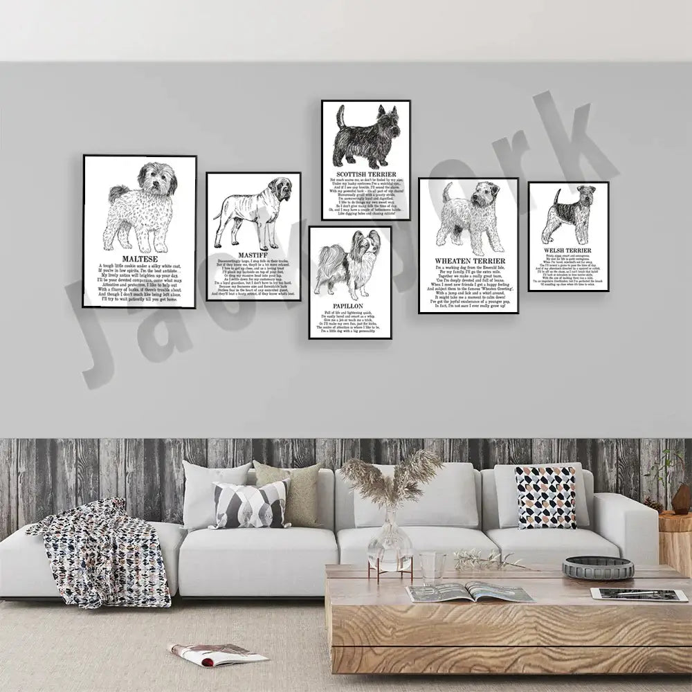 Set of six modern framed black and white dog breed posters with detailed illustrations for decorbites dog breed wall decor