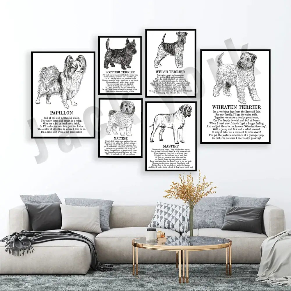 Set of six modern framed black and white terrier dog breed posters for bedroom wall decor by decorbites dog breed