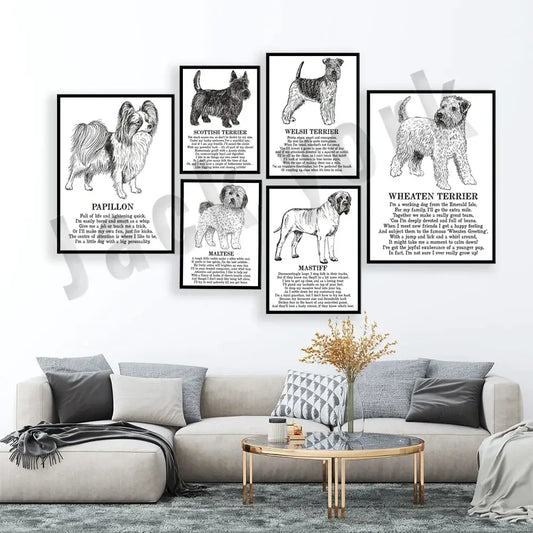 Set of six modern framed black and white terrier dog breed posters for bedroom wall decor by decorbites dog breed