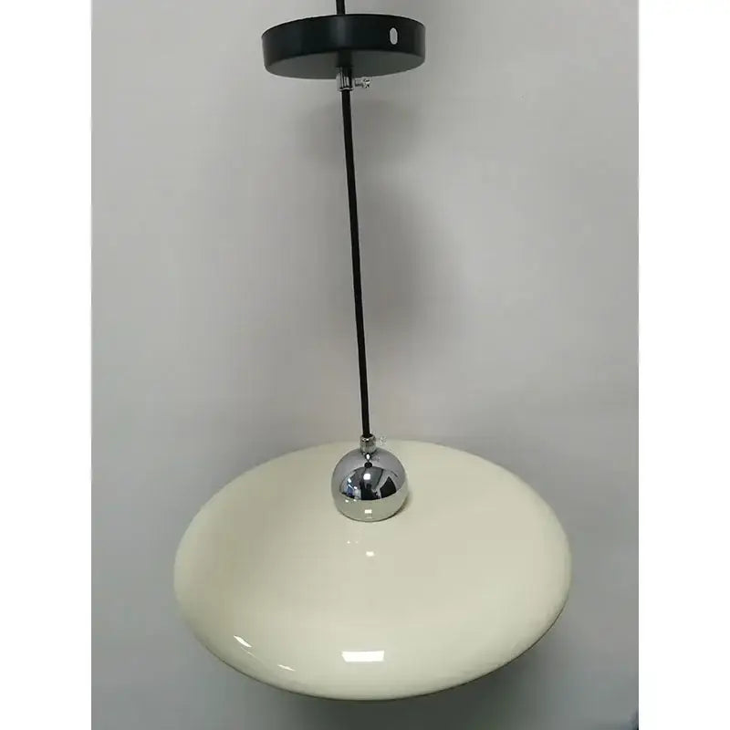 Modern french cream metal pendant light with glossy glass shade chrome sphere and black ceiling mount for dining room