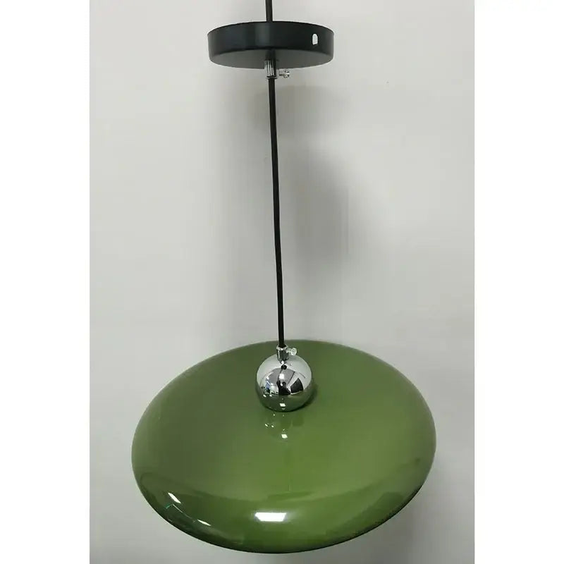 Modern french cream metal pendant light with olive green glossy ceramic shade and chrome connector for dining room
