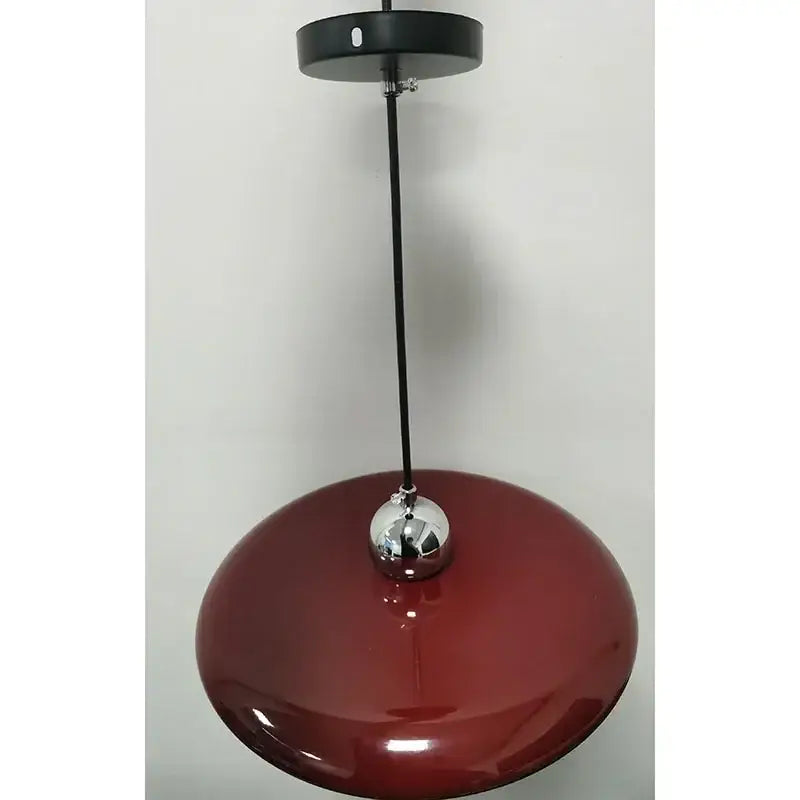 Modern french cream metal pendant light with sleek red glossy shade and chrome sphere for dining room pendant light