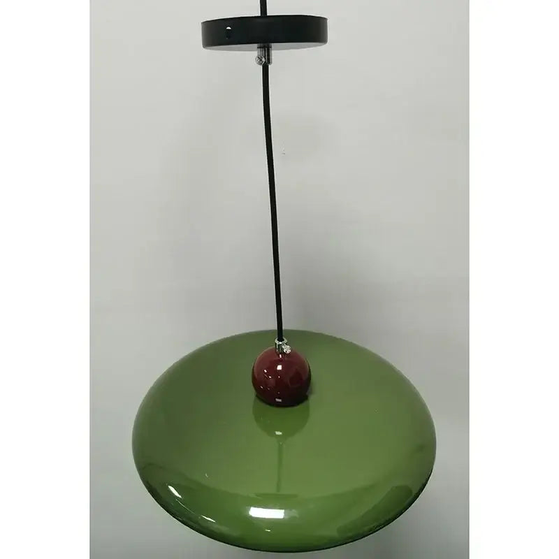 Modern french cream metal pendant light in olive green with glossy finish and deep red accent for dining room