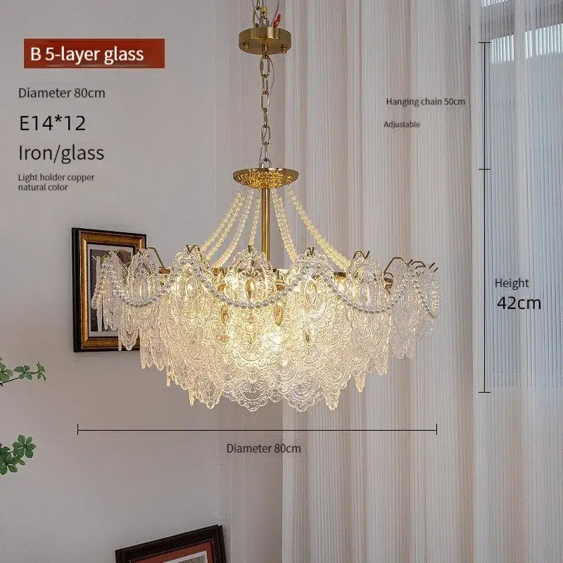Elegant modern French gold clear glass led chandelier with intricate crystal lace and copper iron frame for living room decorbites clear glass