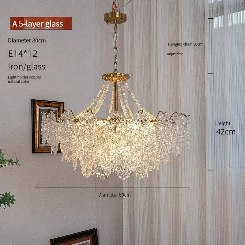Elegant modern french gold led chandelier with clear glass tiers and intricate brass-finished crystal design for living room decorbites clear glass
