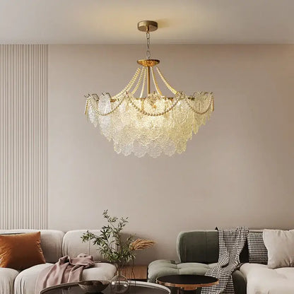 Modern french gold led chandelier with clear glass crystal lace shades and pearl accents for living room decorbites clear glass