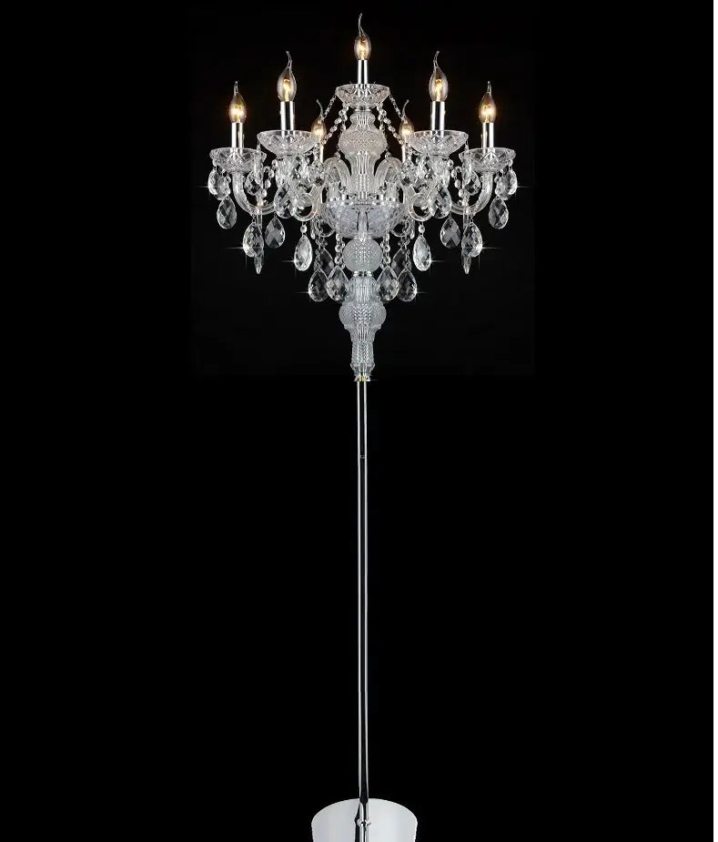 Modern french gold crystal floor lamp with lit candle bulbs and dangling teardrop crystals for elegant decorbites crystal floor use
