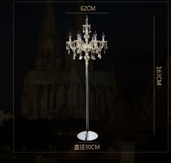 Modern french gold crystal floor lamp with elegant chrome stand and six ornate arms for luxurious decorbites crystal floor decor