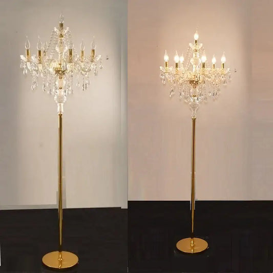Elegant gold-finished modern french crystal floor lamp with chandelier design and candle-style bulbs for living room decorbites crystal floor lamp